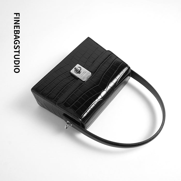 FinebagStudio Black Leather Tote Bag Crossbody Handbag with Chain