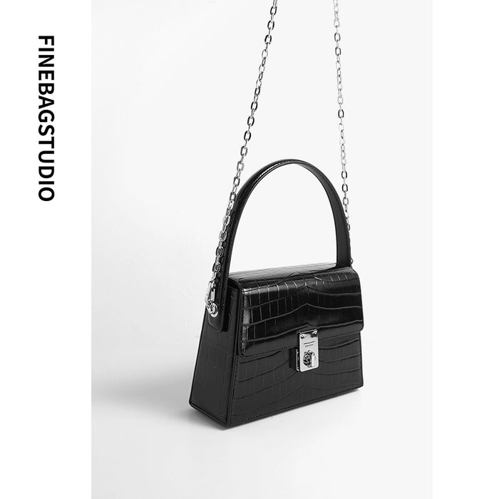 FinebagStudio Black Leather Tote Bag Crossbody Handbag with Chain