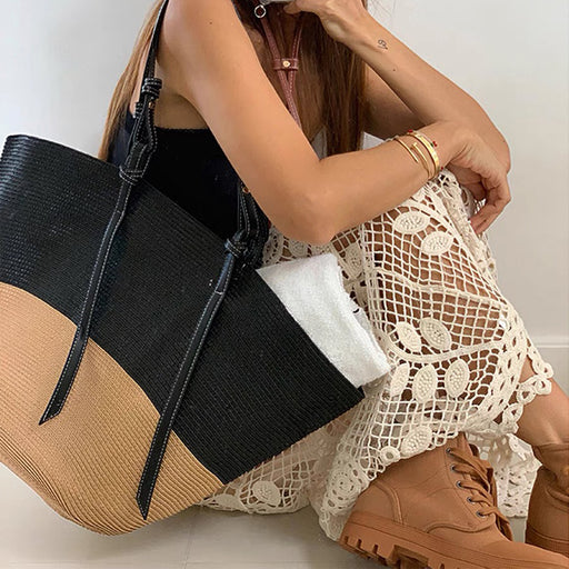 FinebagStudio Color Block Large Straw Shoulder Bag Woven Summer Beach Tote Bag - finebagstudios
