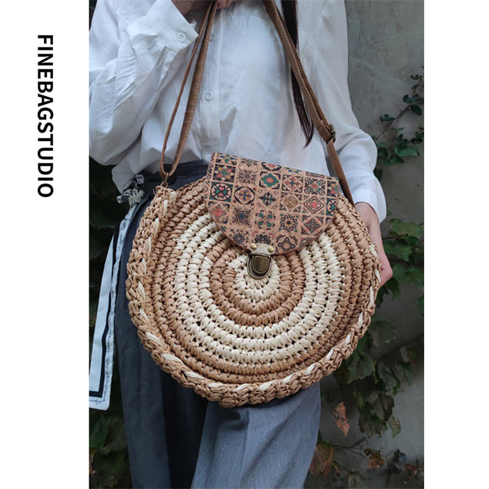 FinebagStudio Large Straw Shoulder Bag Women Weave Round Summer Beach Tote - finebagstudios