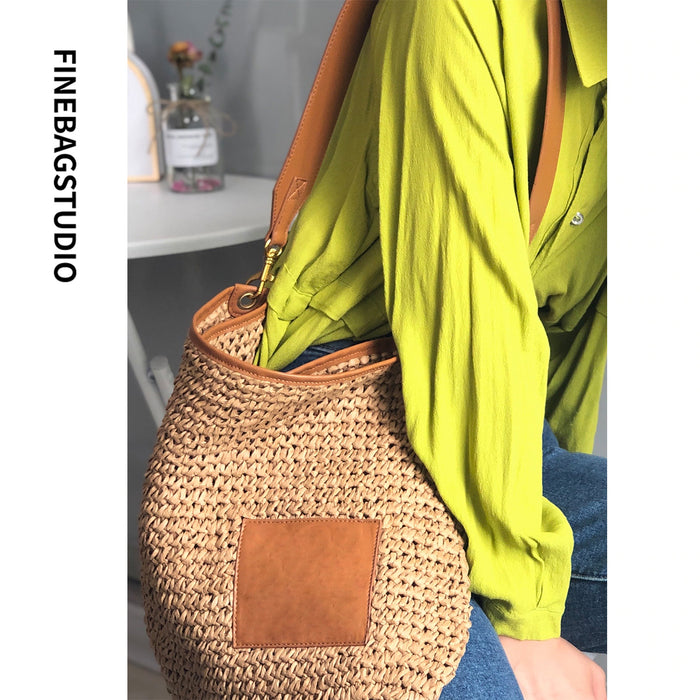 FinebagStudio Large Straw Shoulder Bag Woven Summer Beach Bag - finebagstudios