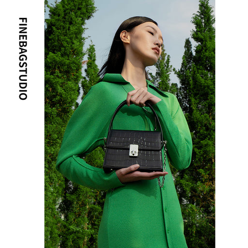 FinebagStudio Black Leather Tote Bag Crossbody Handbag with Chain