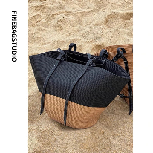 FinebagStudio Color Block Large Straw Shoulder Bag Woven Summer Beach Tote Bag - finebagstudios