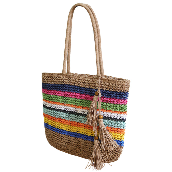 FinebagStudio Large Women Rainbow Straw Woven Beach Bag - finebagstudios